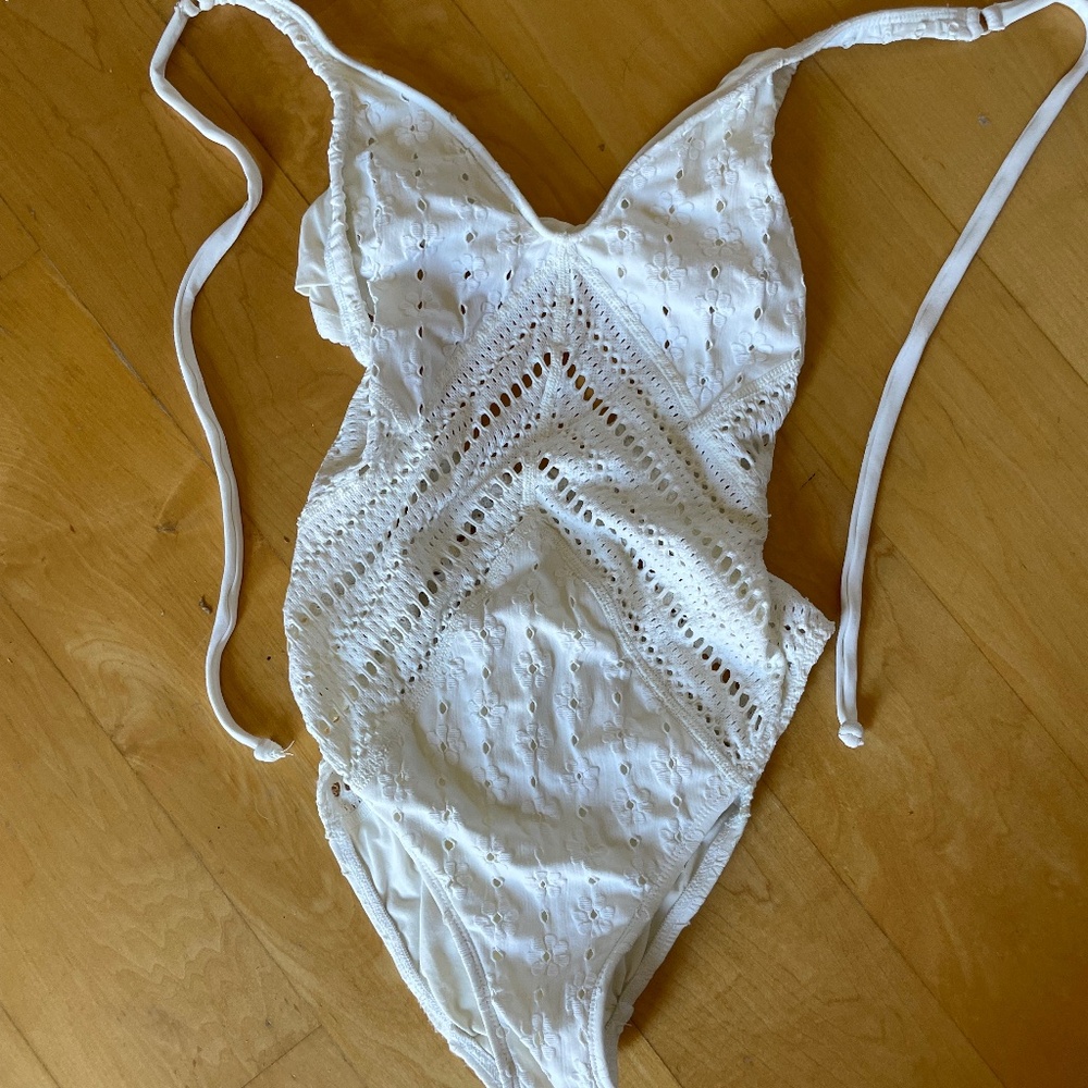 Robin Piccone crocheted white one piece bathing suit